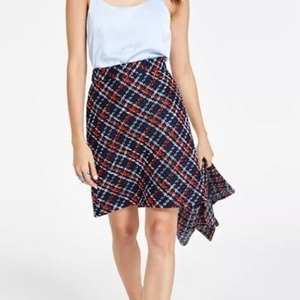 bar III Mini Skirt Womens 6 Blue Red Plaid Tweed A Line Straight Casual NWT